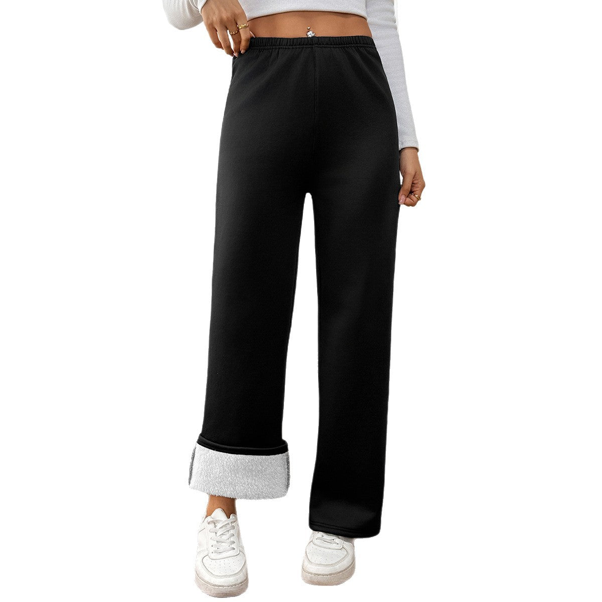 Weiße, wärmende Winterhose aus Lamm-Samt mit weitem Bein für Damen, Plus-Size, dick gefüttert, lässig