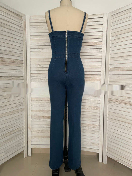 Ärmelloser Damen-Jeans-Overall mit V-Ausschnitt, weitem Bein, ausgestelltem Schnitt, hohem Bund, Reißverschluss hinten, schmaler Passform