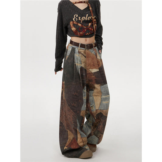 Retro Print Wide-leg Jeans For Men And Women Low-rise Pants