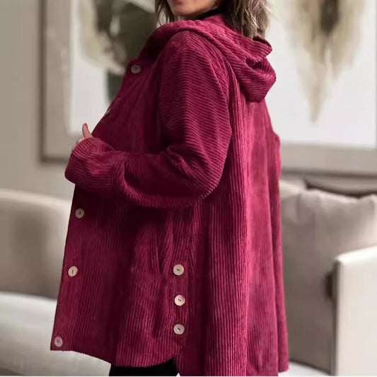 Damen-Cordjacke mit Kapuze, modisch, warm, mit Taschen, Knöpfen, mittellang, lässige Herbst-Winter-Oberbekleidung