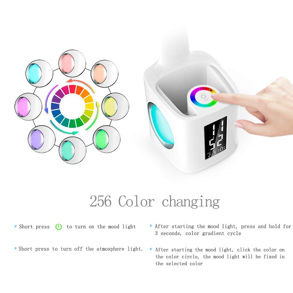 LED-Schreibtischlampe mit USB-Ladeanschluss, Display, Kalenderanzeige, verschiedenen Farben, Nachtlicht, dimmbar, mit Stifthalterung – ideal für Kinder.