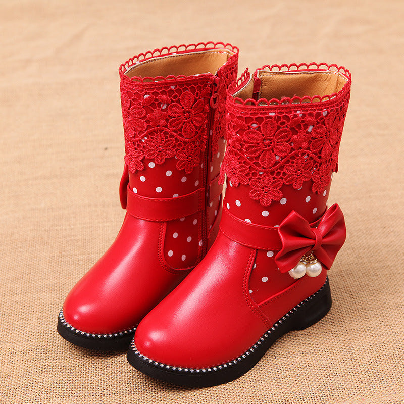 Mädchenschuhe aus Baumwolle mit Schleifenanhänger, Spitze und Samt