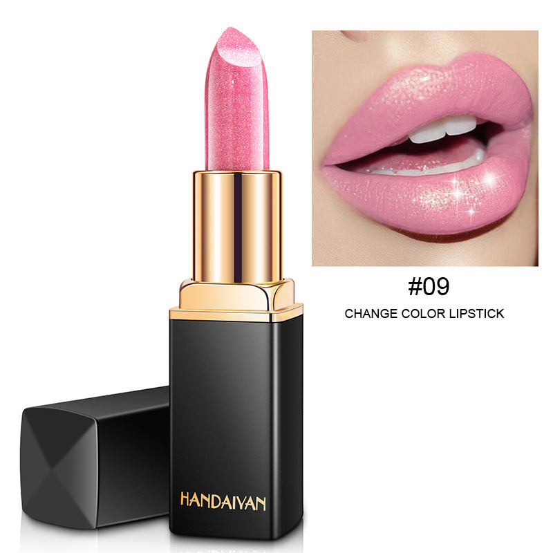 Glänzender Metallic-Lippenstift, perlmuttartiger Lippenstift mit Farbtemperaturwechsel, goldener Lippenstift