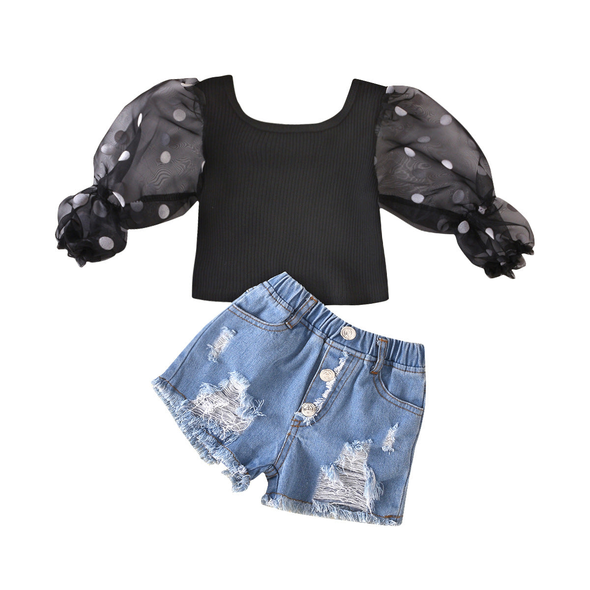 Kinderbekleidung: Baumwoll-Top mit gepunkteten Netzärmeln, gestreiftem Oberteil und zerrissenen Jeansshorts, Kinderanzug