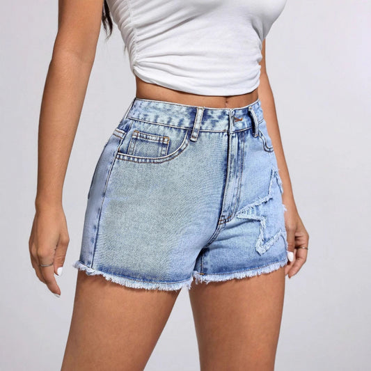 Lässige, stylische Damen-Jeansshorts mit Sternenmuster und offener Kante