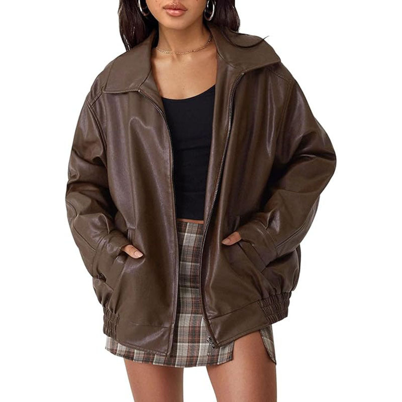 Frühlings- und Herbstjacke aus europäischem und amerikanischem Leder im Lokomotivstil, lockerer Mantel für Damen