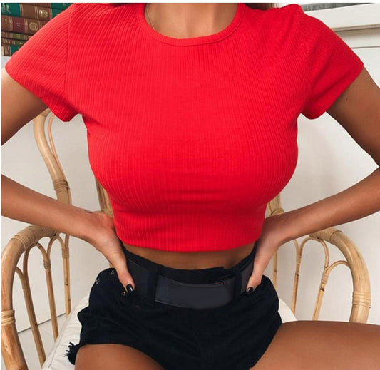 Neonfarbenes Strick-T-Shirt für Damen, Rundhalsausschnitt, Kurzarm, sexy