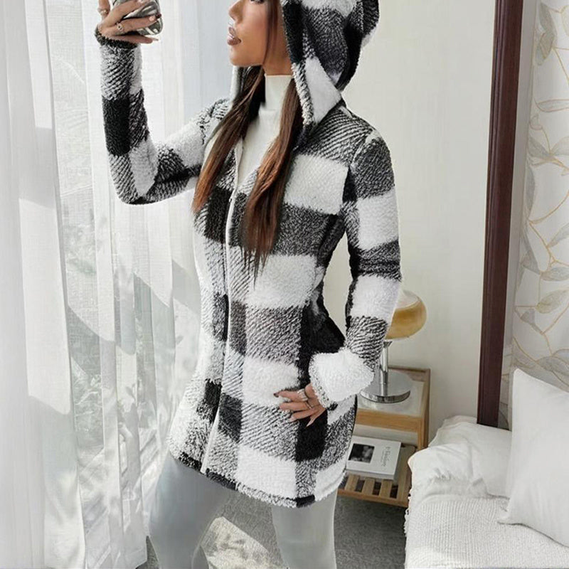 Damen-Sherpa-Mantel mit langen Ärmeln, kariert, mit Kapuze, weich gefüttert, mit Taschen für den Winter