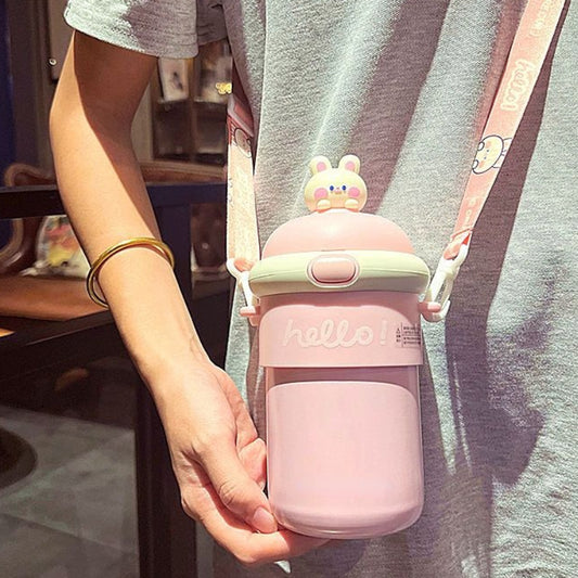 Niedlicher Strohhalm-Bullet-Becher, isolierter doppelwandiger Edelstahl-Wasserbecher, tragbarer Umhängebeutel