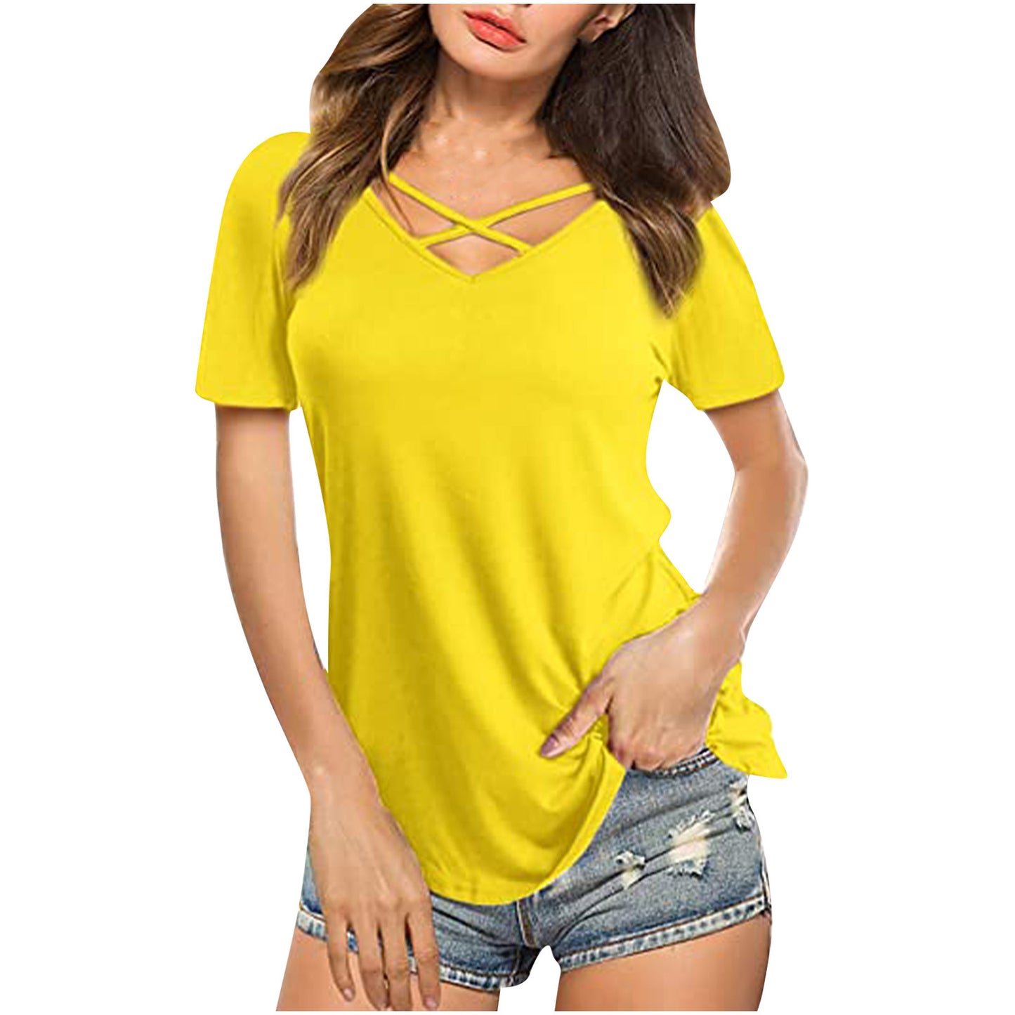 Damen-T-Shirt mit gekreuztem V-Ausschnitt, kurzen Ärmeln und lockerer Passform