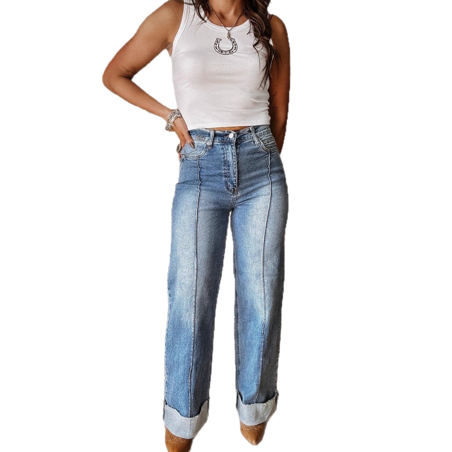 Damenmode Lässige Jeans aus gewaschenem Stretchmaterial mit mittelhohem Bund und geradem Bein