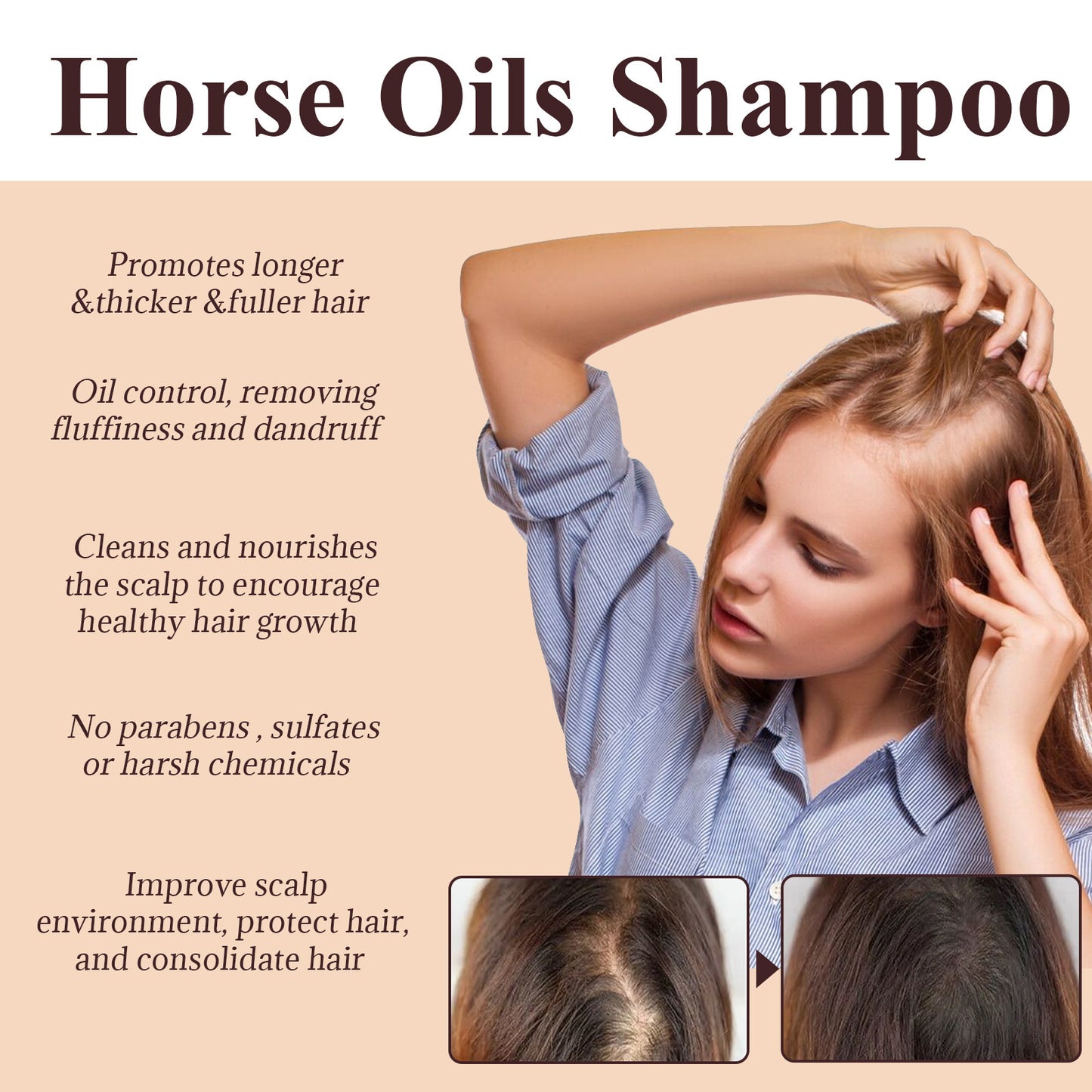 Pferdeöl-Shampoo – Tiefenreinigung der Kopfhaut, Schuppenkontrolle, Ölregulierung, für voluminöses, geschmeidiges Haar, Feuchtigkeitspflege