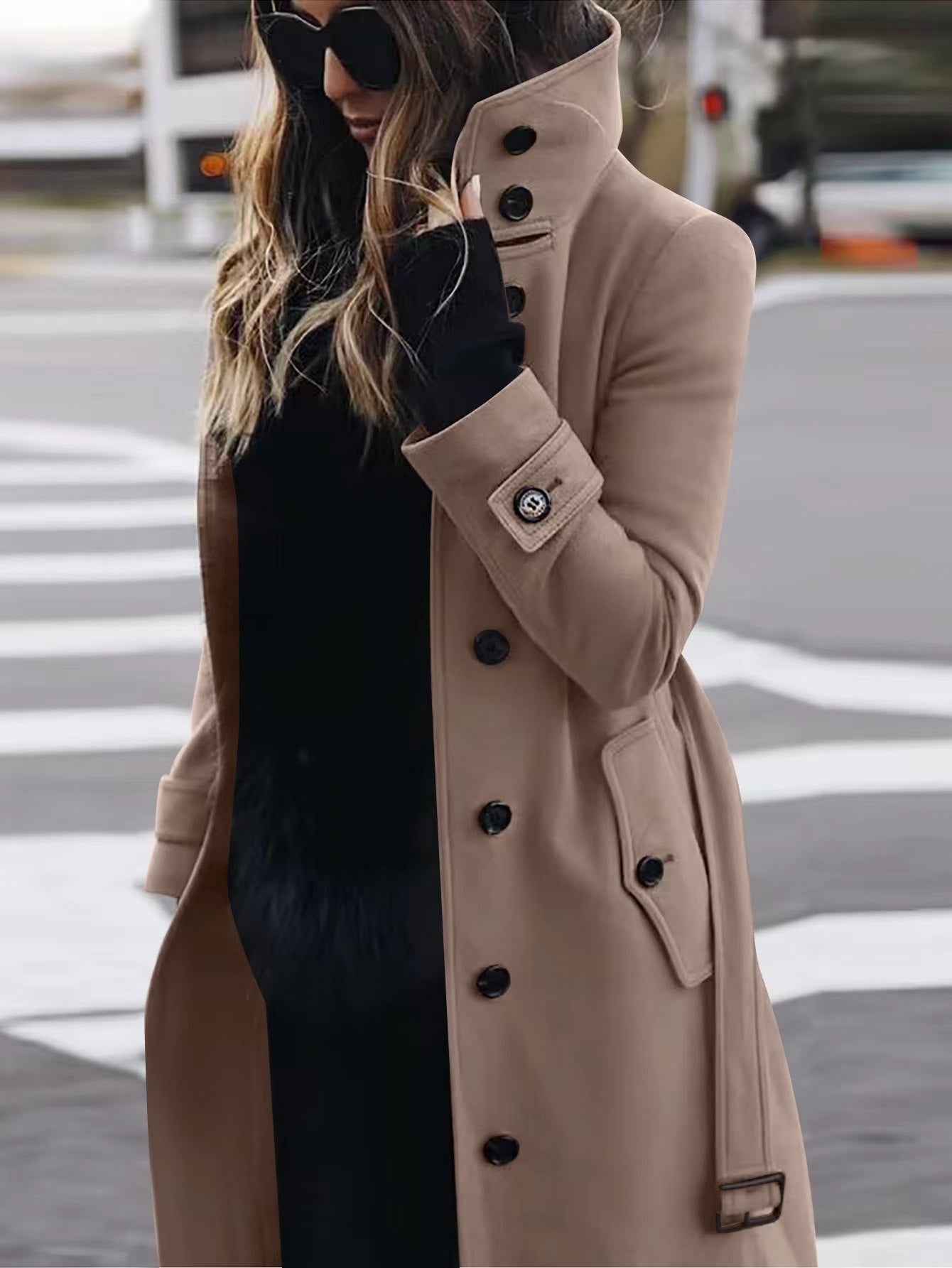 Neuer Wollmantel für Damen, Herbst/Winter, Slim Fit, Cardigan, Größe L, Langarm, Einreiher, Stehkragen