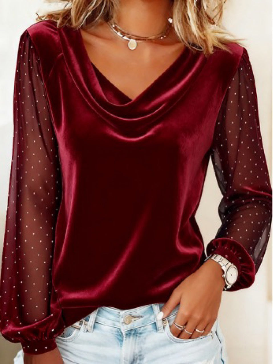 Damen Langarm-T-Shirt aus Samt mit V-Ausschnitt, elegantem Diamant-Mesh-Ärmeln, lockerem Schnitt, ideal als Weihnachtskleidung, rot