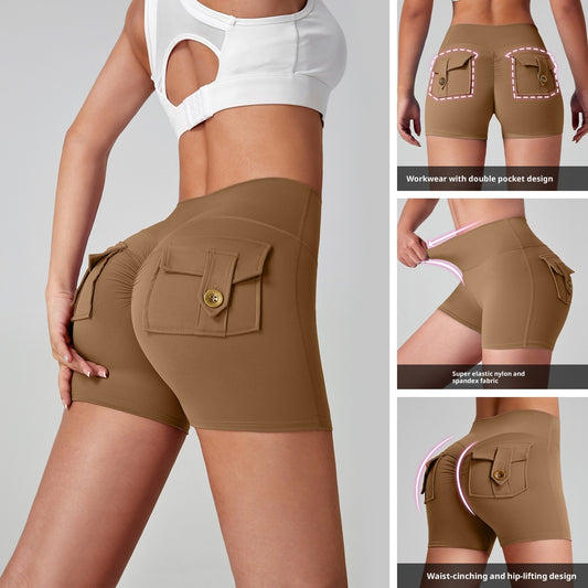 Sportliche Fitness-Arbeitskleidung, Trainingshose mit Tasche, Pfirsichfarben, schnelltrocknend, Po-formend, Yogahose