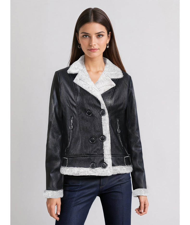Damen-Ledermantel mit Fleece-Wattierung