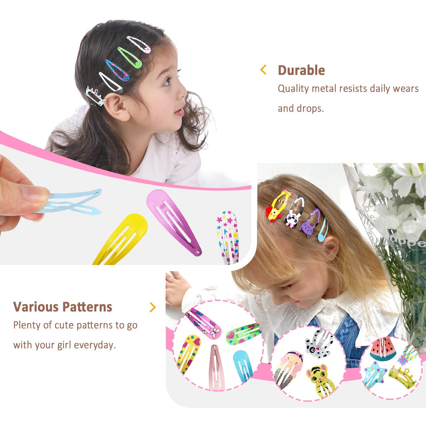 Haarspangen für Mädchen, 100 Stück, rutschfeste Metallclips, Haarspangen für Kinder, Teenager und Frauen, niedliche Haarspangen in Bonbonfarben mit Cartoon-Motiven wie Tieren, Früchten, Kronen und Sternen