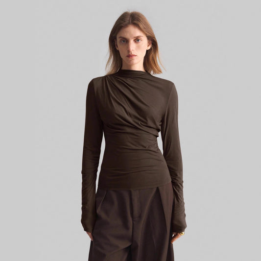 Neues asymmetrisches, figurbetontes Basetop mit Stehkragen für Damen