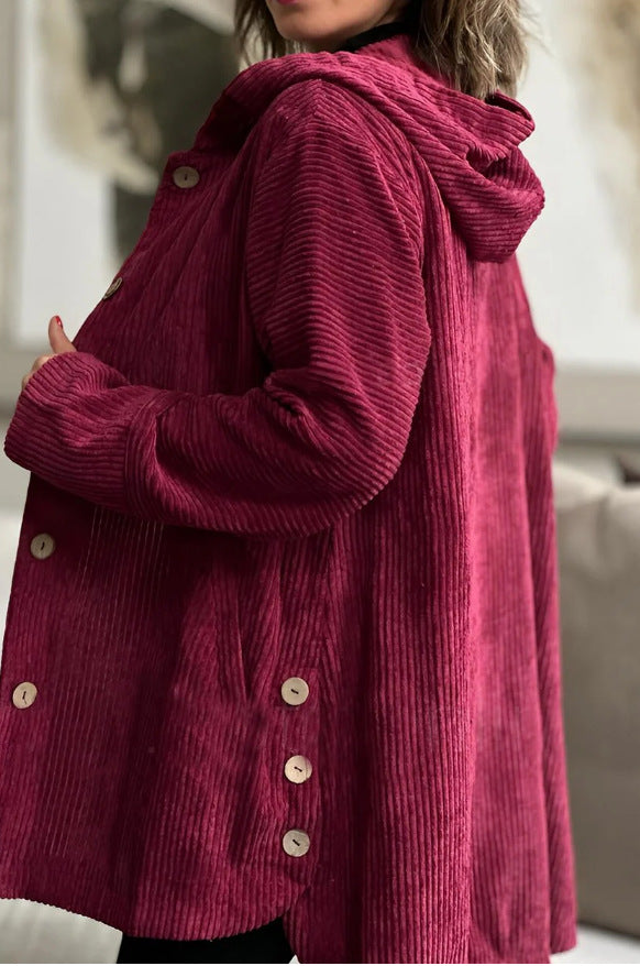 Damen-Cordjacke mit Kapuze, modisch, warm, mit Taschen, Knöpfen, mittellang, lässige Herbst-Winter-Oberbekleidung