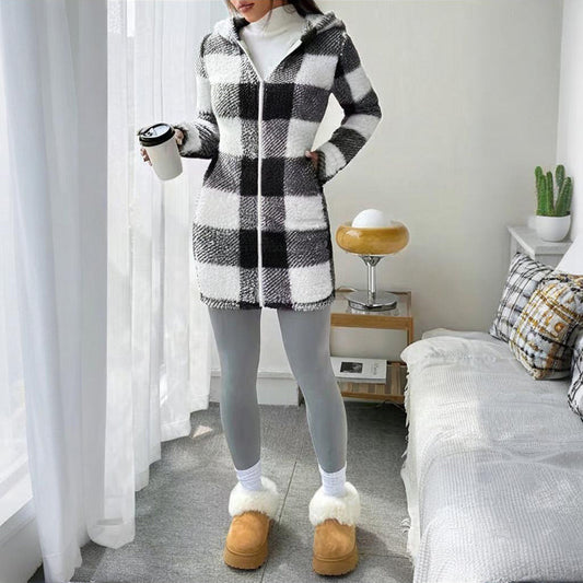 Damen-Sherpa-Mantel mit langen Ärmeln, kariert, mit Kapuze, weich gefüttert, mit Taschen für den Winter