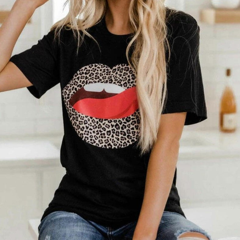 Damen-T-Shirt mit Leopardenmuster, Rundhalsausschnitt und kurzen Ärmeln