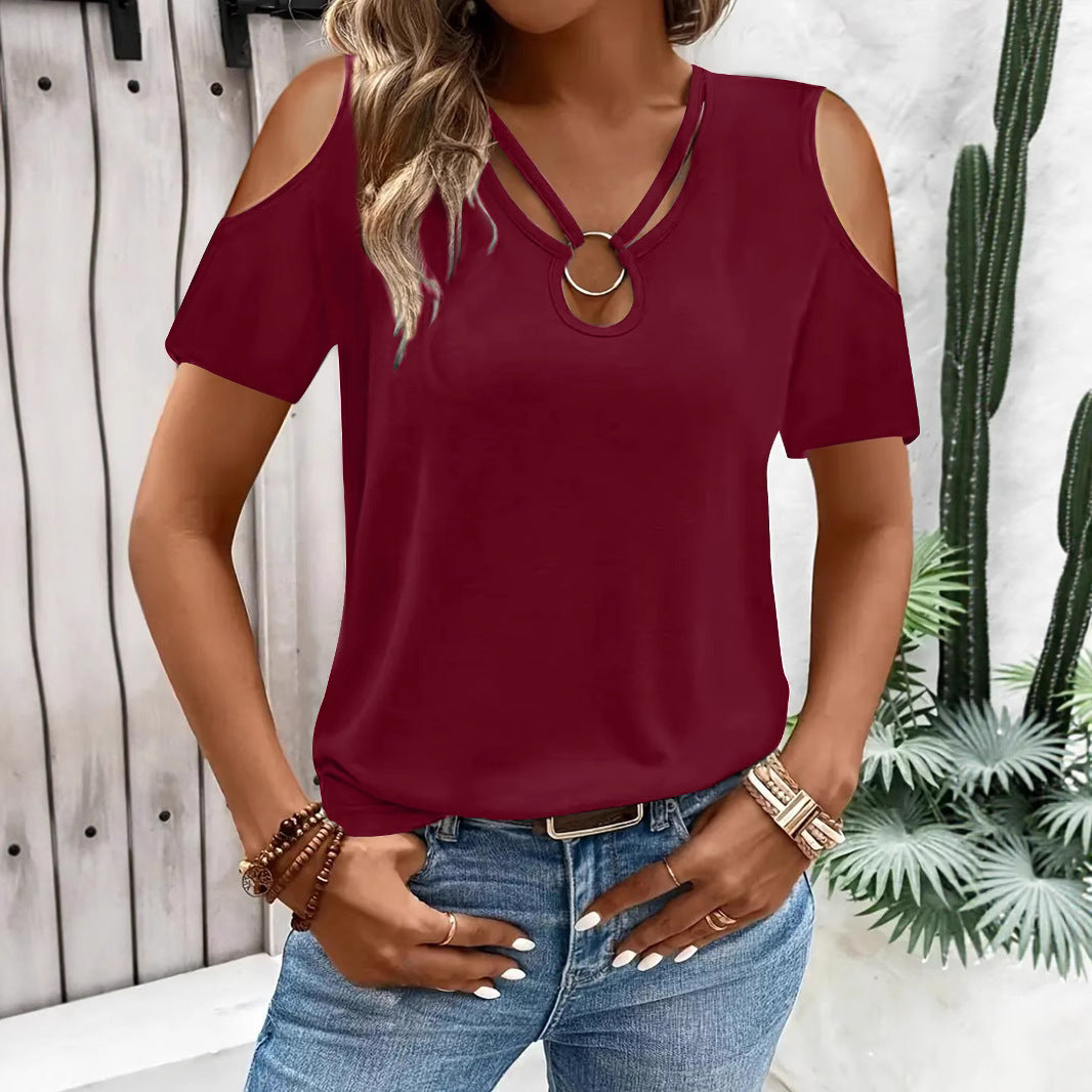 Damen-T-Shirt mit lockerer Passform, überkreuztem V-Ausschnitt, schulterfreiem Design und kurzen Ärmeln