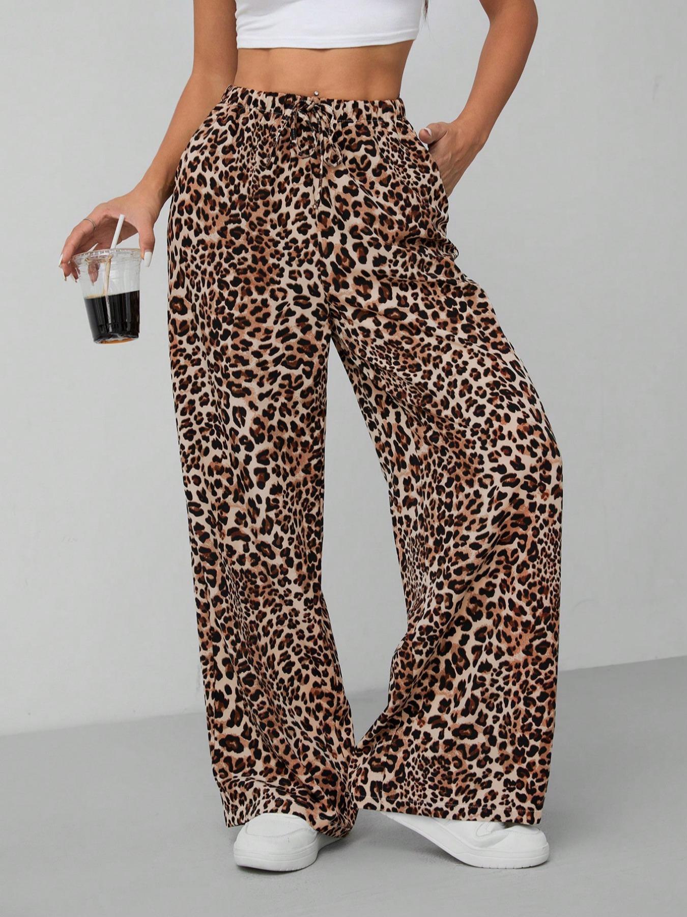 Lässige Damenhose mit Leopardenmuster, hohem Bund, weitem Bein und elegantem Kordelzug, locker geschnitten, lang