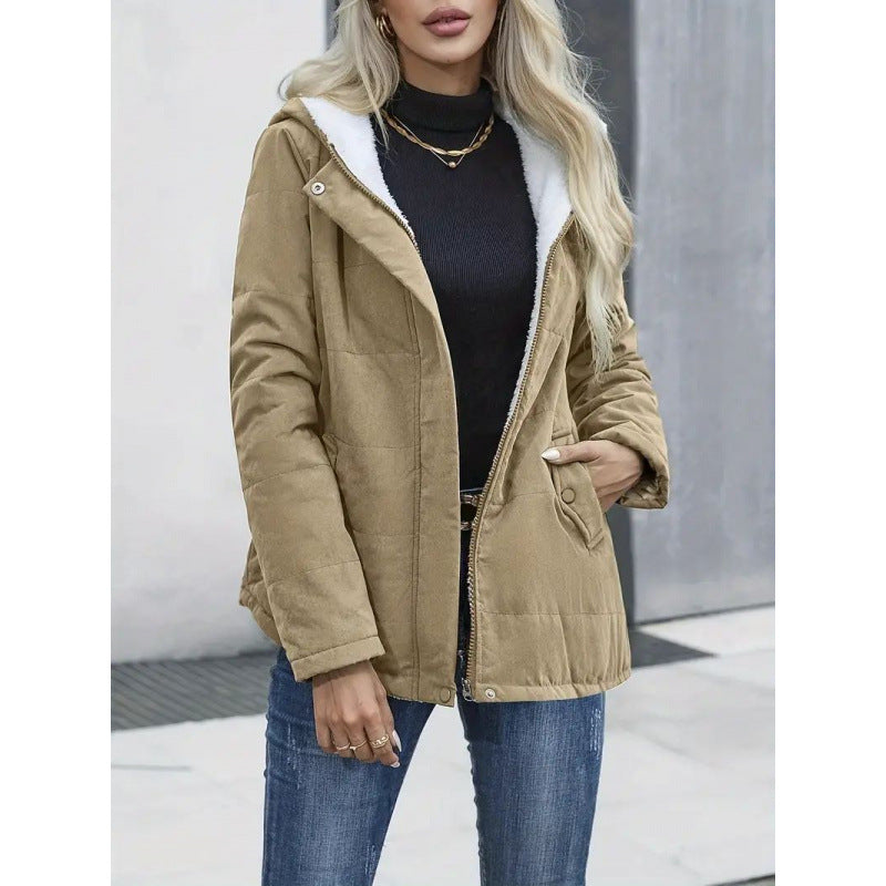 Fleecegefütterter Kapuzenmantel, Winter, Preppy-Stil, Langarmjacke, warme Taschen, Baumwollmantel, Damenbekleidung