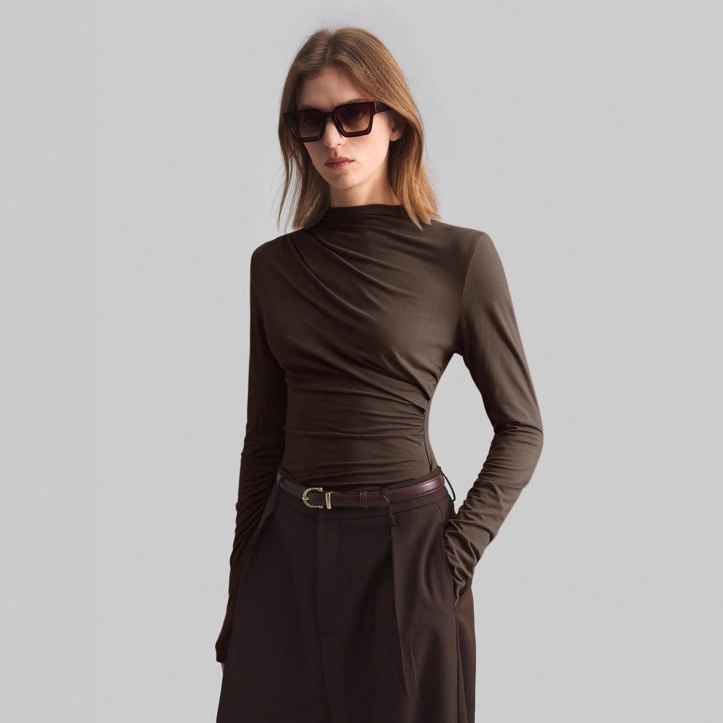 New Asymmetrical Mock-neck Slim-fit Base Top For Women