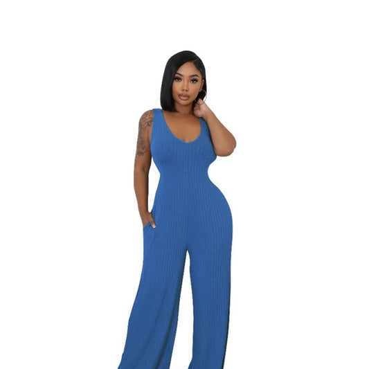 Damen-Jumpsuit-Set aus hochelastischem Rippstrick mit langen Ärmeln
