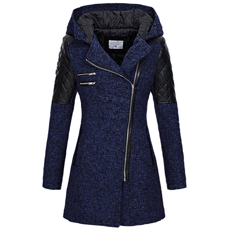 Damen warmer, schmal geschnittener Wollmantel mit durchgehendem Reißverschluss, dicker Wollmantel, Windbreaker mit Kapuze und diagonalem Reißverschluss, Damenbekleidung für Herbst und Winter