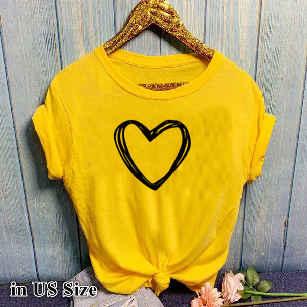 Damen-T-Shirt mit Herzmuster, Kurzarm, Rundhalsausschnitt, locker geschnitten, Sommer-Freizeit-T-Shirt, Oberteile, Kleidung, Camisetas Mujer