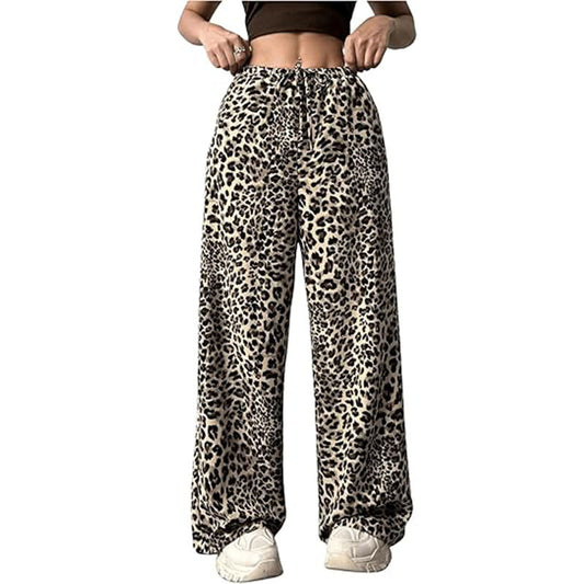 Lässige Damenhose mit Leopardenmuster, hohem Bund, weitem Bein und elegantem Kordelzug, locker geschnitten, lang