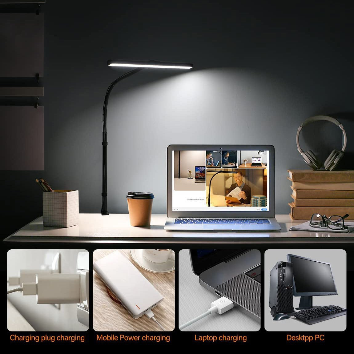 LED-Tischleuchte mit Klemme, USB-Anschluss, Doppelkopf, Augenschutz für Büroarbeitsplatz, Computer