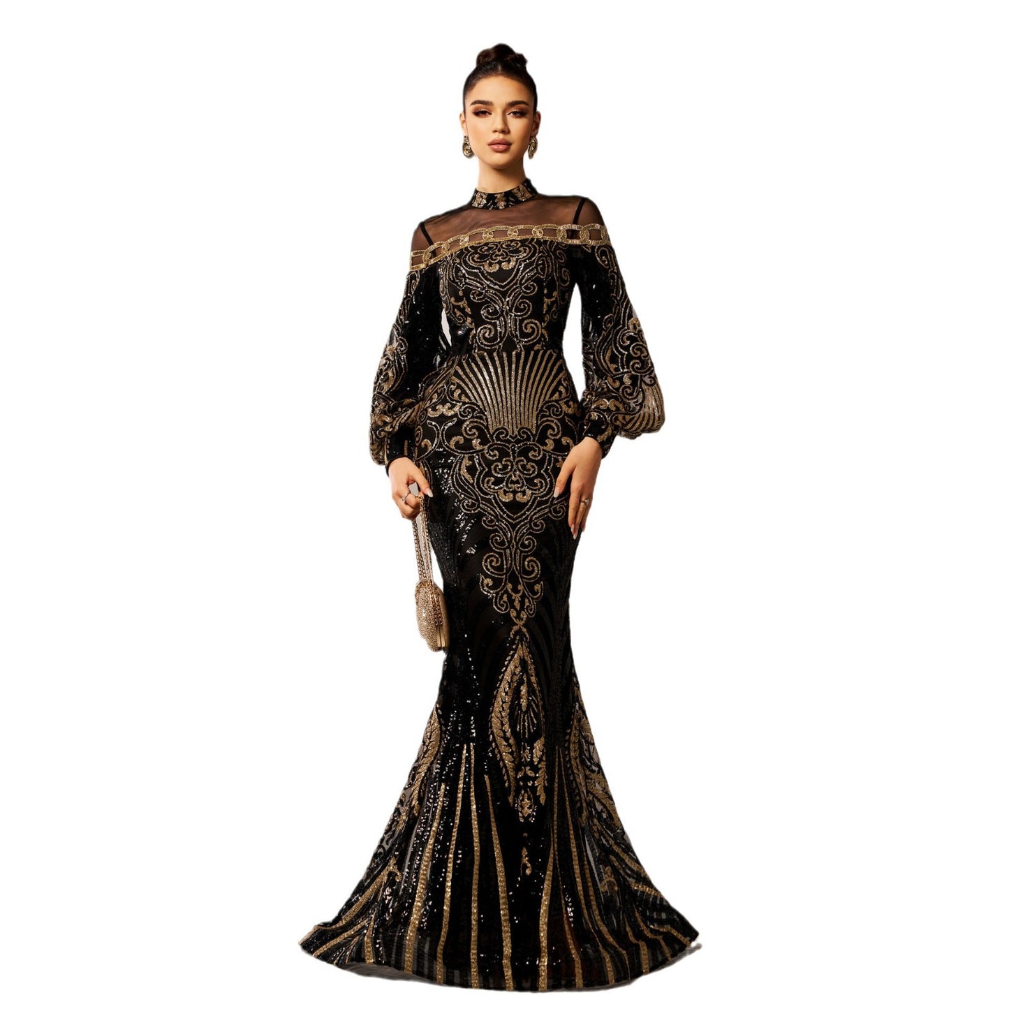 Abendkleid mit langen Ärmeln, Rundhalsausschnitt, Pailletten und Meerjungfrauenschnitt, aus Netzstoff, mit Meerjungfrauenschnitt und Pailletten
