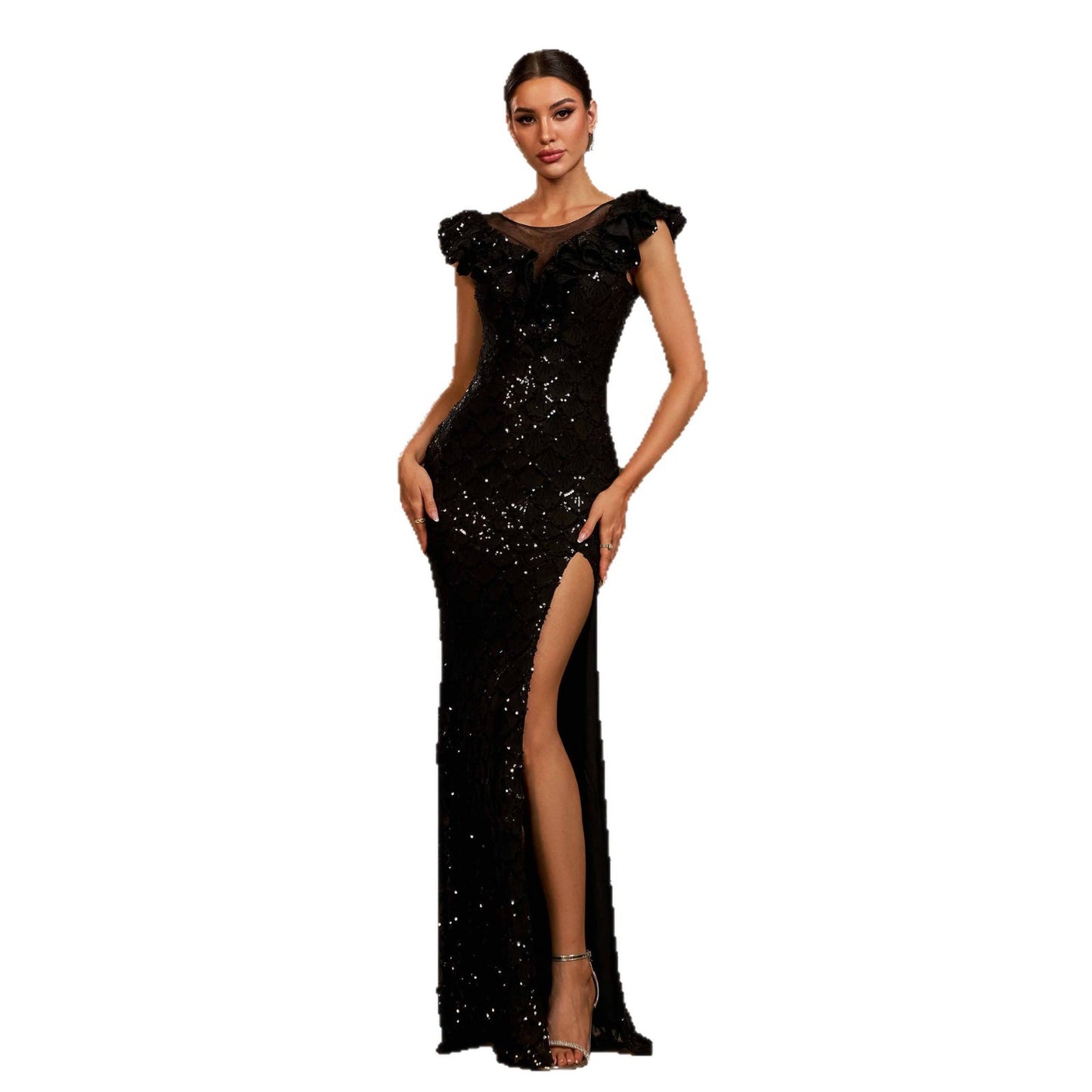 Ärmelloses Pailletten-Abendkleid mit Rundhalsausschnitt, schmaler Passform und Schlitz