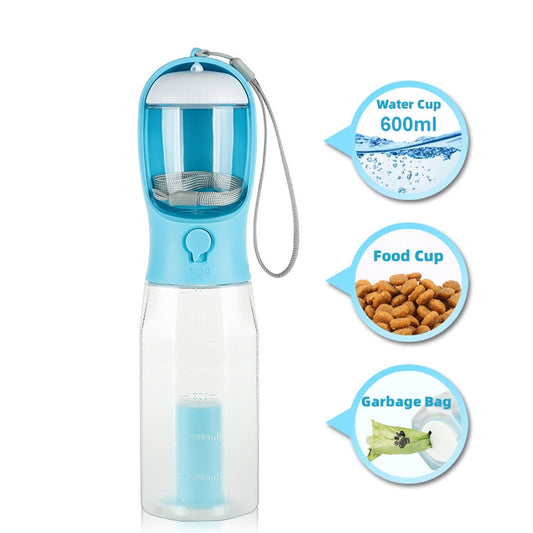 Tragbare 3-in-1-Trinkflasche für Katzen und Hunde: Auslaufsicher, multifunktional, mit Futter- und Wasserspender sowie Kotbeutelspender.