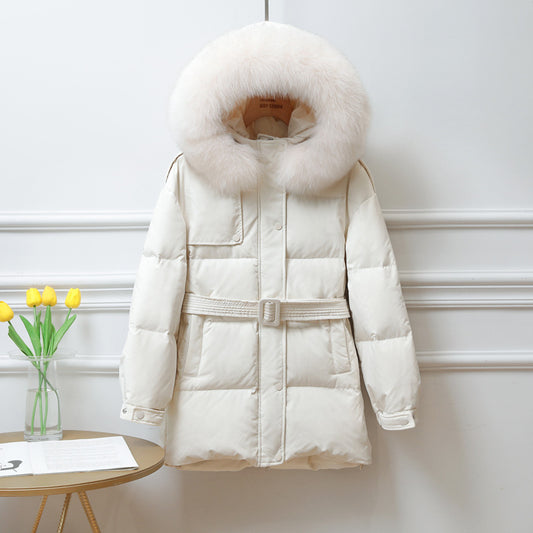 Kurze Damen-Daunenjacke, locker geschnitten, mit dickem Bund