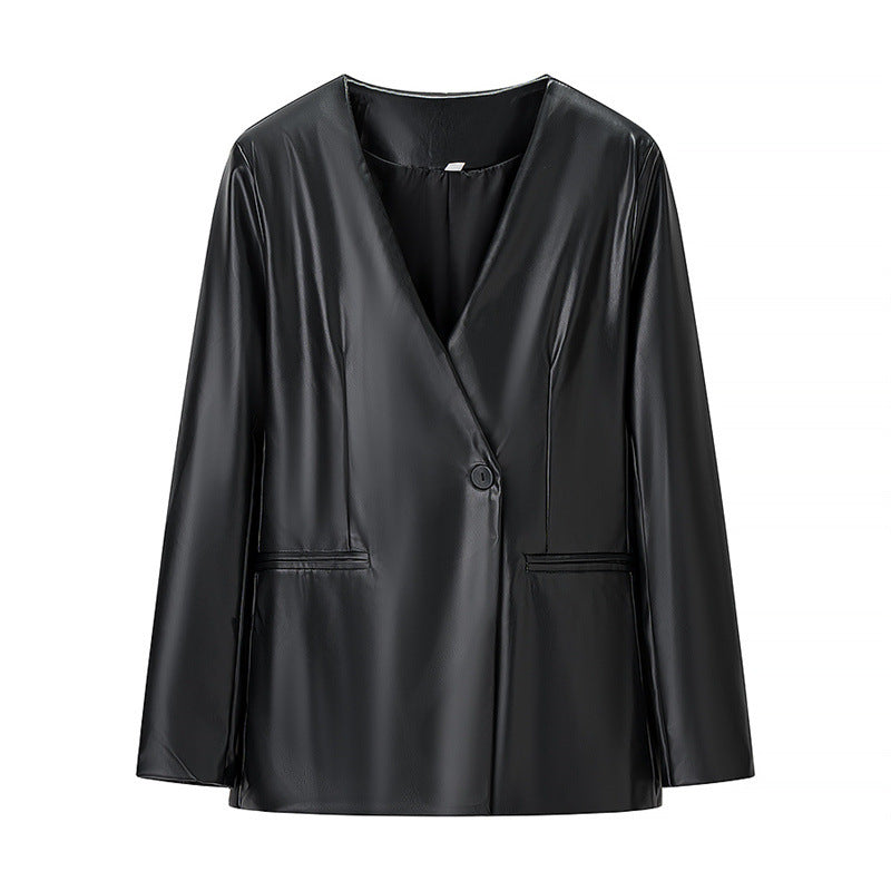 Damen-Lederjacke mit langen Ärmeln und V-Ausschnitt