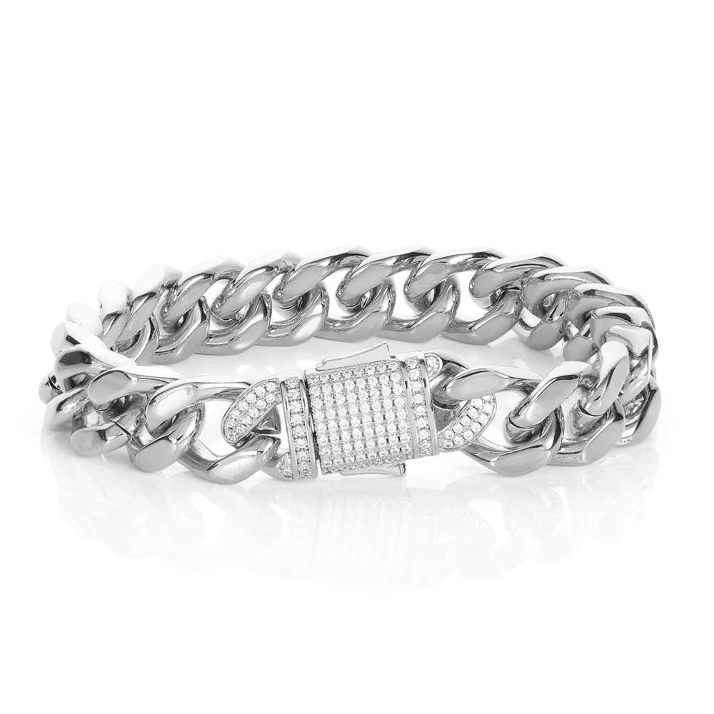 Edelstahl-Armband im kubanischen Kettenstil mit Diamant-Federverschluss, vierseitig geschliffen