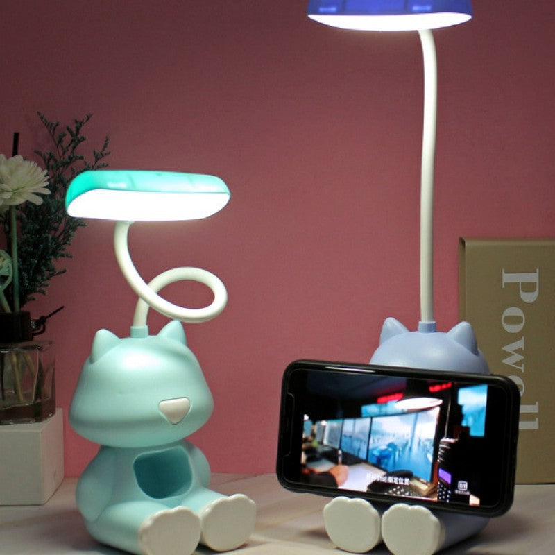 Cute Cat LED Charging Table Lamp Cartoon Desktop Storage Mobile Phone Holder Small Night Lamp USB Rechargeable Light