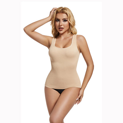 Nahtloser eckiger Kragen, nahtlose Taillenformung, verlängerte Weste aus Garn