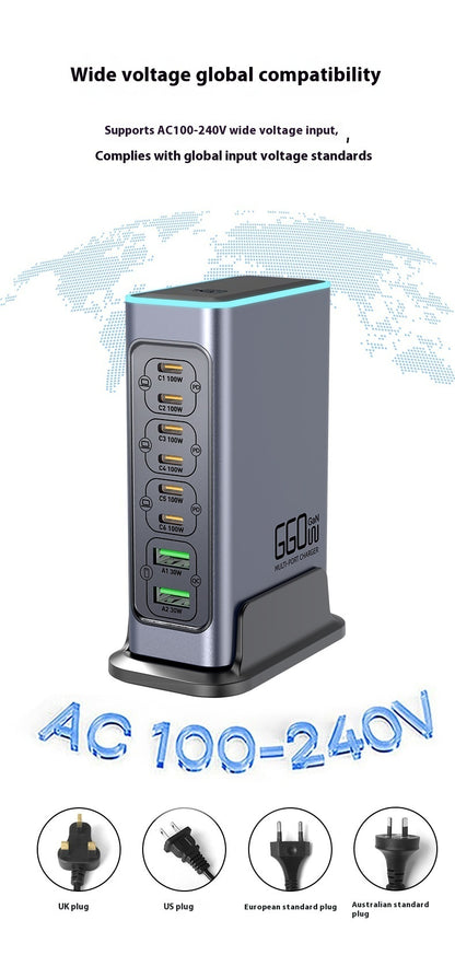 Beliebtes High-End-Galliumnitrid-Ladegerät mit 660 W, Schnellladekopf für Mobiltelefone, Tablets und Desktop-PCs mit mehreren Anschlüssen