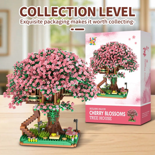 Kreatives Sakura-Bahnhofsgebäude, Miniatur-Bausatz aus kleinen Bausteinen