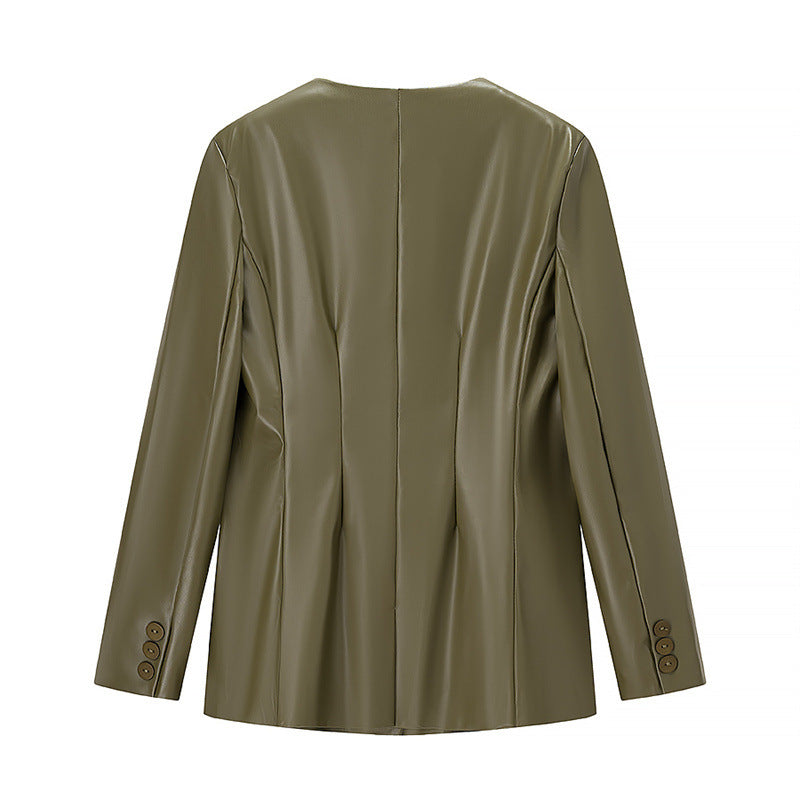 Damen-Lederjacke mit langen Ärmeln und V-Ausschnitt