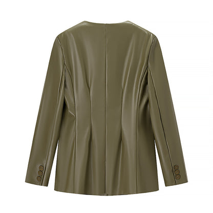 Damen-Lederjacke mit langen Ärmeln und V-Ausschnitt