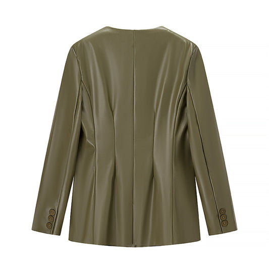 Damen-Lederjacke mit langen Ärmeln und V-Ausschnitt