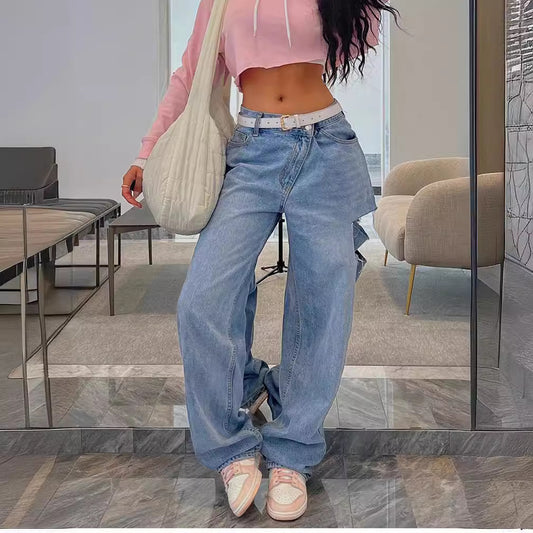 Modische Jeans mit schrägem Bund, niedrigem Bund und lockeren Löchern für Damen