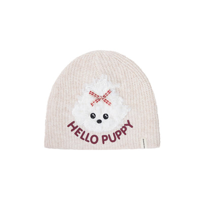 Niedliche, gestrickte Damenmütze aus Wolle mit Plüschwelpenmotiv