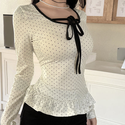 Langarmshirt mit Polka-Dot-Print und Spitzenbesatz für Damen